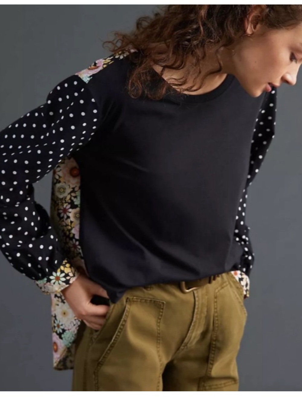 Anthropologie Maeve Split Back Mixed Fabric Mixed Print pullover top